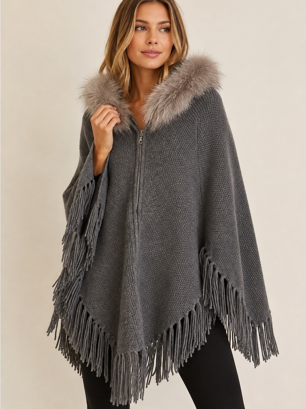 Mitchie’s 100% Wool Fox Fur Hooded Fringe Cape Cardigan Sweater Gray OS